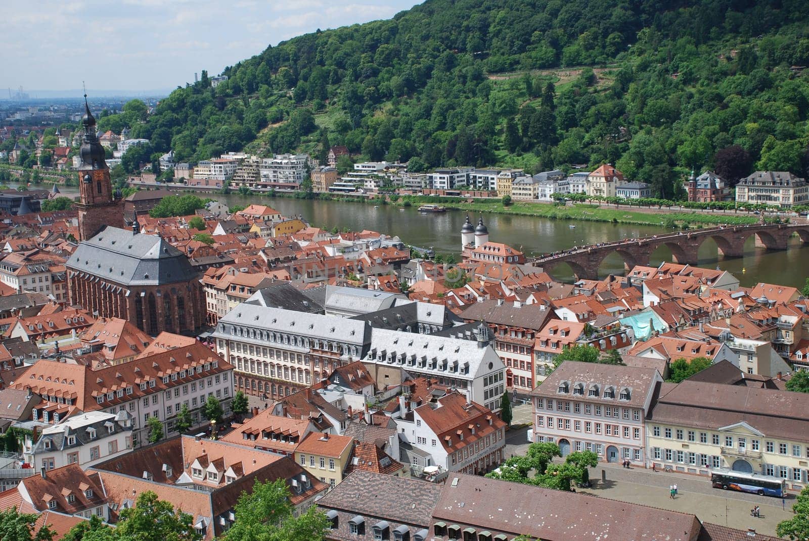 A view of the old town of Heidelberg in Baden Württemberg with the Church of the Holy Spirit,the Old Bridge and the river Neckar.