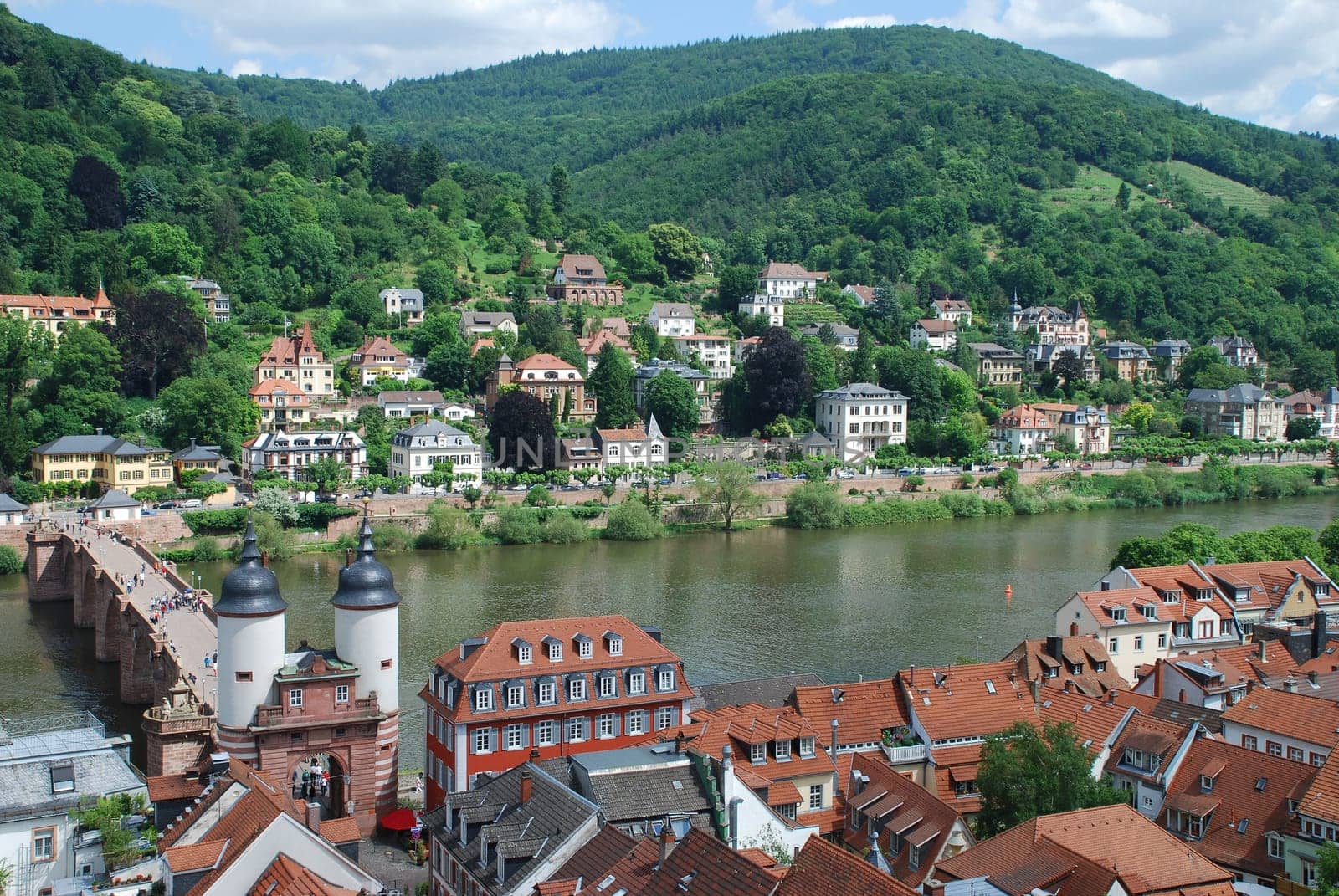 The Heidelberg district of Neuenheim with the Old Bridge,the Bridge Gate and the river Neckar.