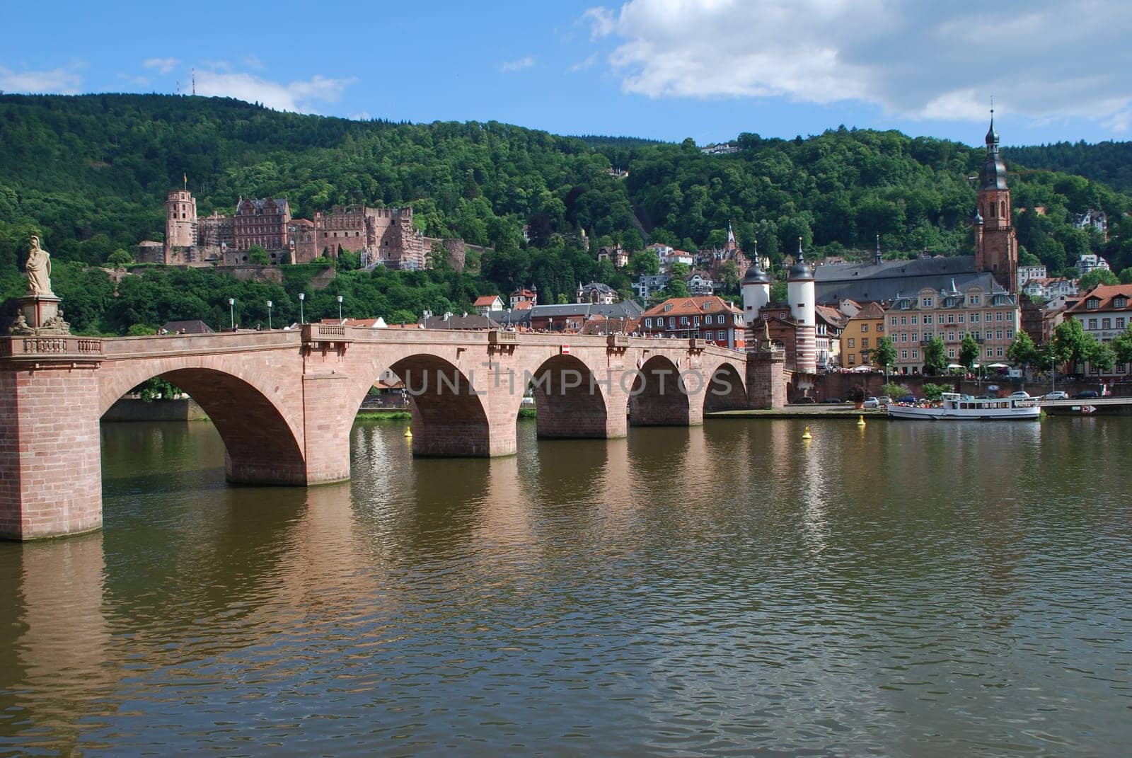 The Old Bridge in Heidelberg over the river Neckar. In the background the castle ruins.