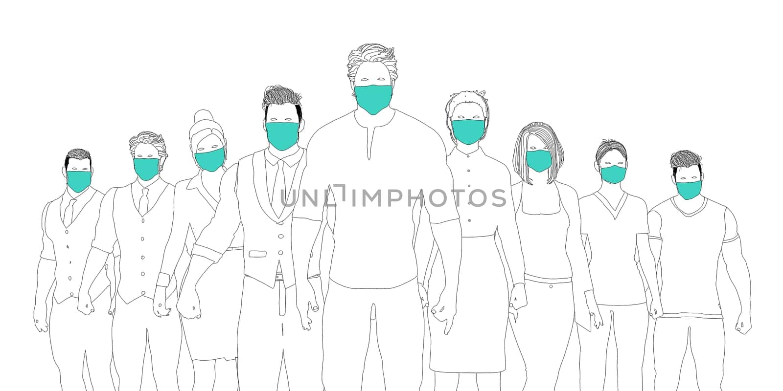 Group of People Wearing Surgical Masks Standing Together Prevention and Safety Procedures Concept
