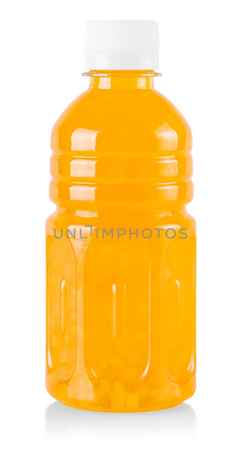 The Orange juice in a plastic container jug isolated on a white background.