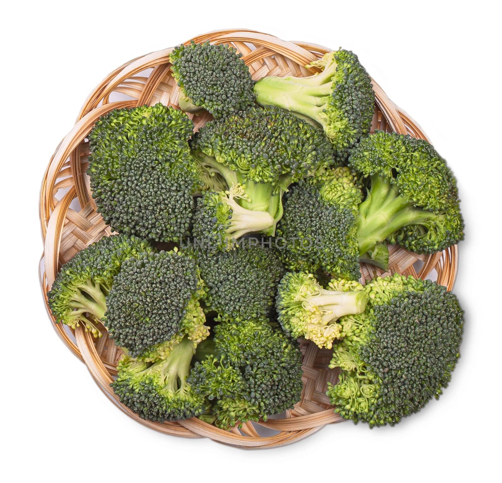 The Wooden bowl of broccoli on white background. Healthy green organic vegetable