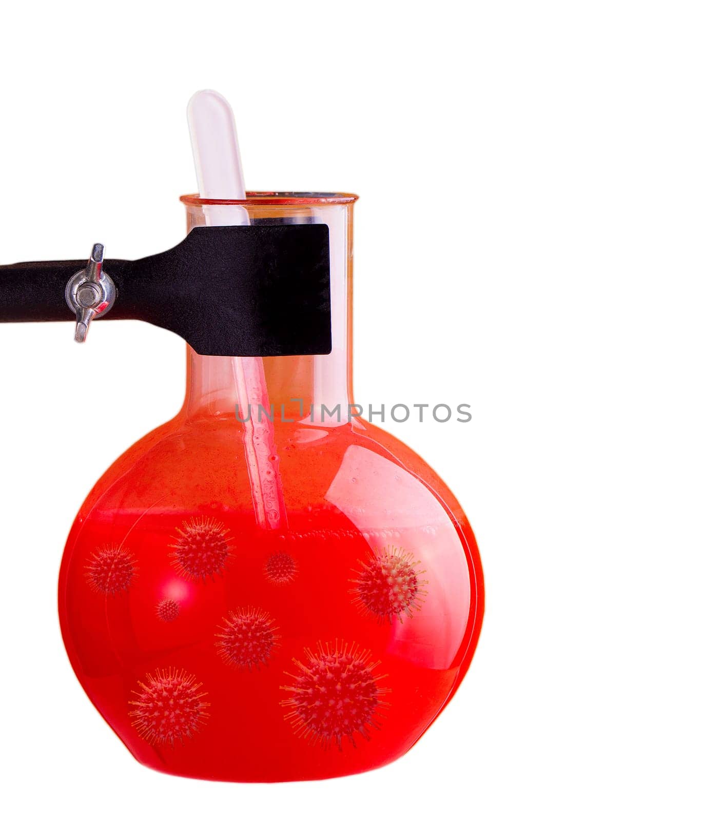 Test flask with red liquid on white background