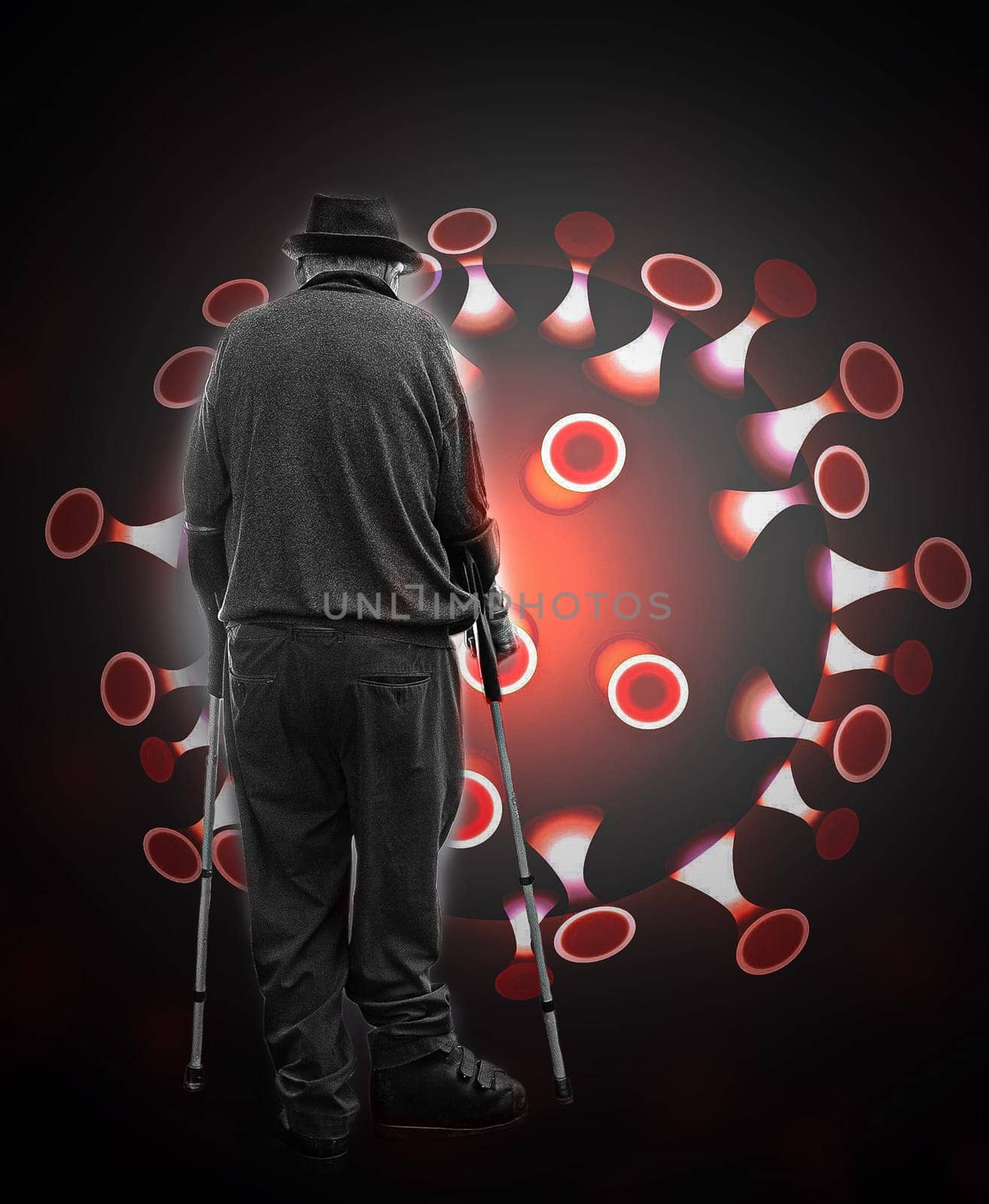 The old man on crutches and coronavirus. Healthcare concept, risk group