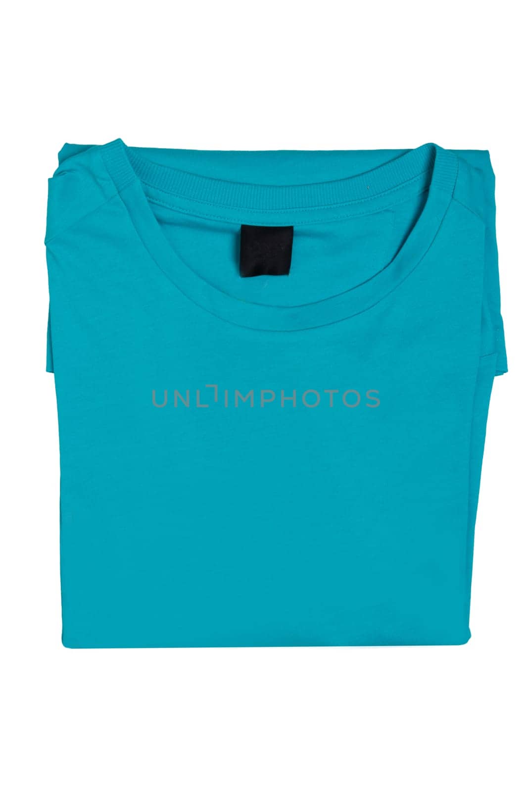 Closeup of a folded stylish blue shirt or t-shirt isolated on a white background. Mens fashionable outfit.