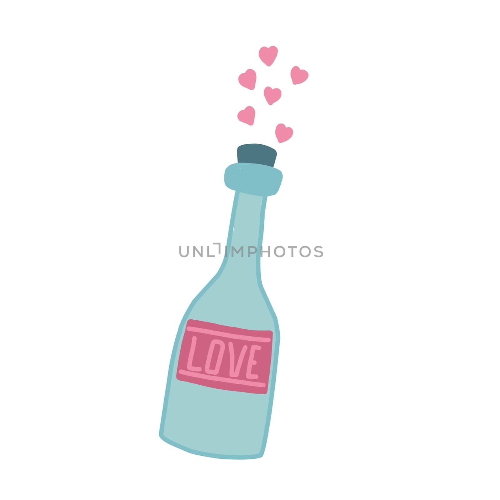 Gold champagne with hearts in beautiful style. White background. Abstract icon. Valentine's Day. isolated object.