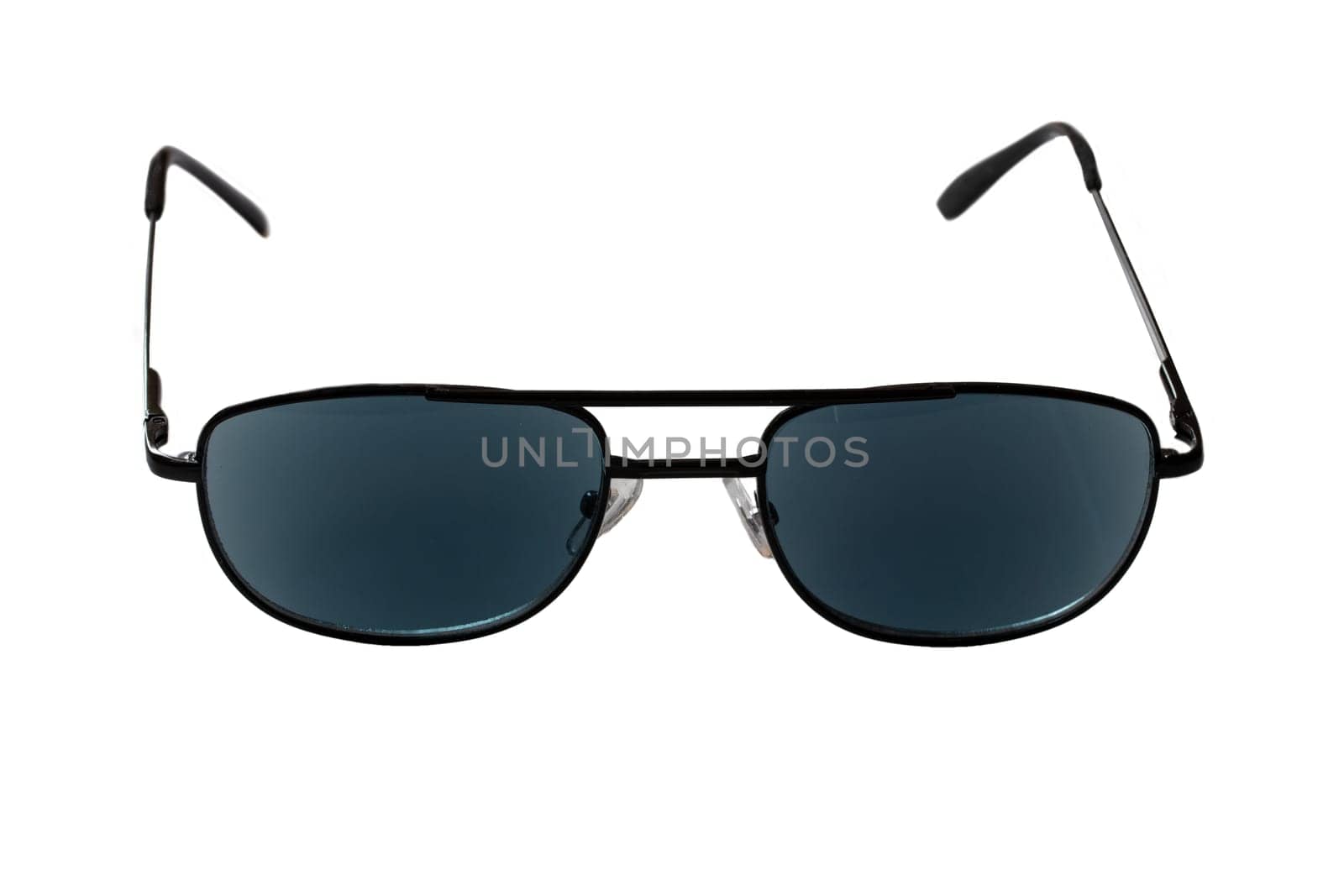 Summer glasses fashion. Close-up of a elegant male black sunglasses isolated on a white background. Macro photograph.
