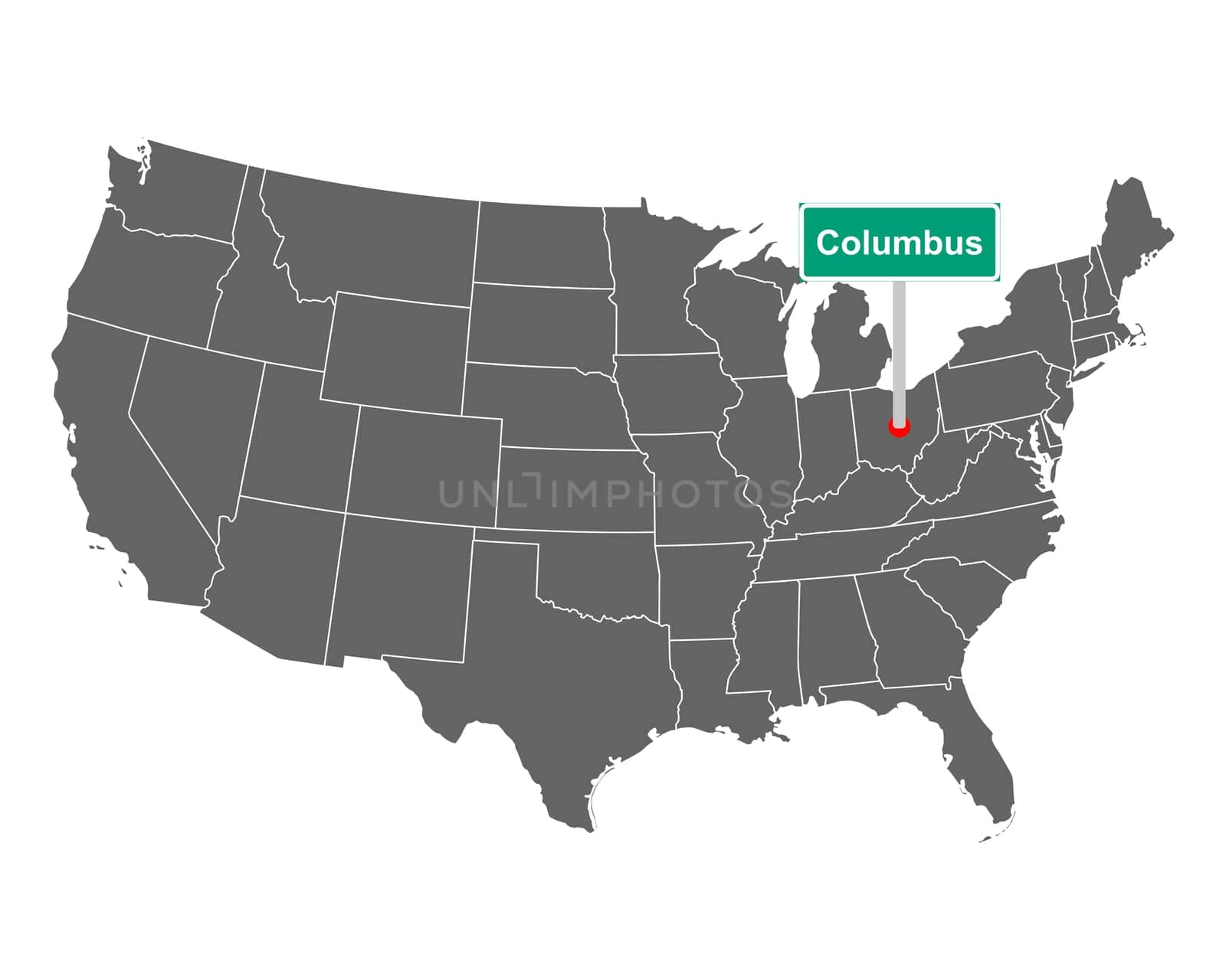 Columbus city limit sign and map of USA