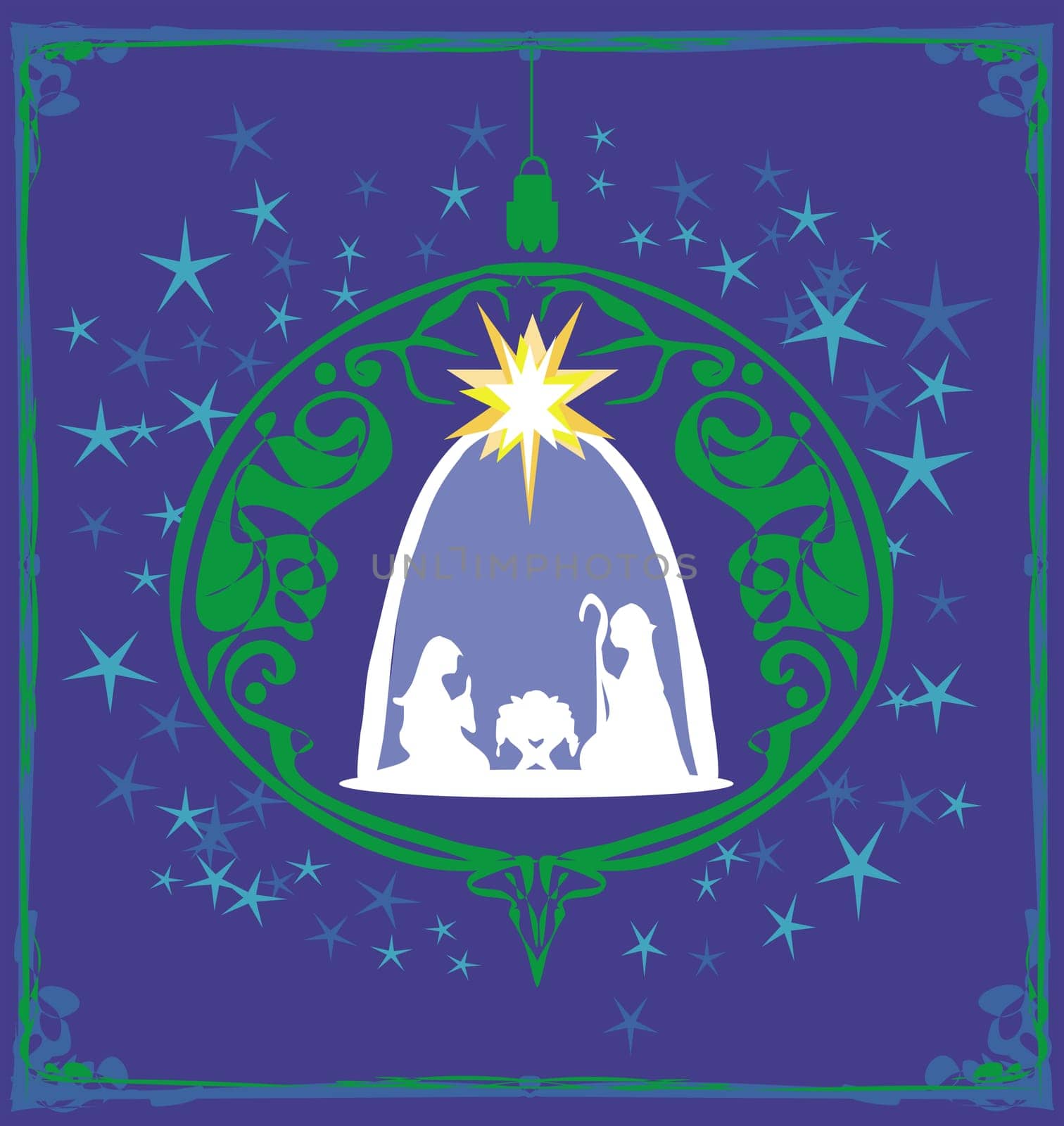 Christian Christmas nativity scene of baby Jesus in transparent ball hanging on  abstract background
