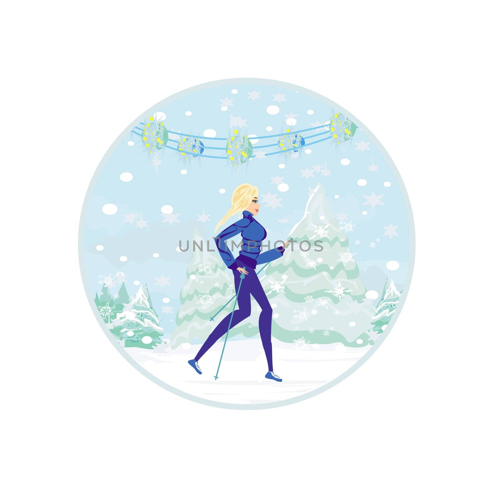 Nordic walking - active woman exercising in winter