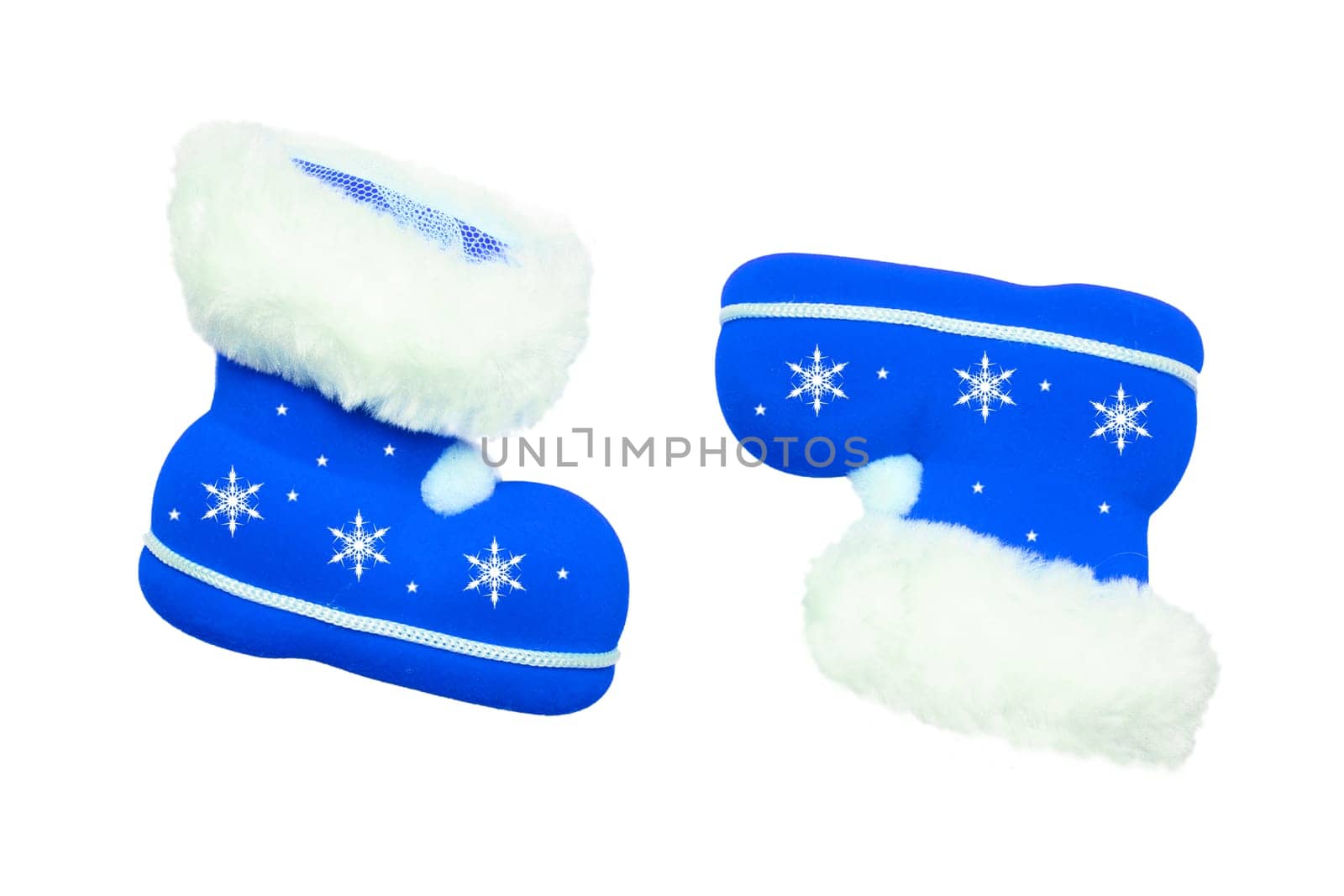 Christmas decorations. A pair of blue Christmas boots or Santa Claus boots with white star ornaments isolated on a white background.