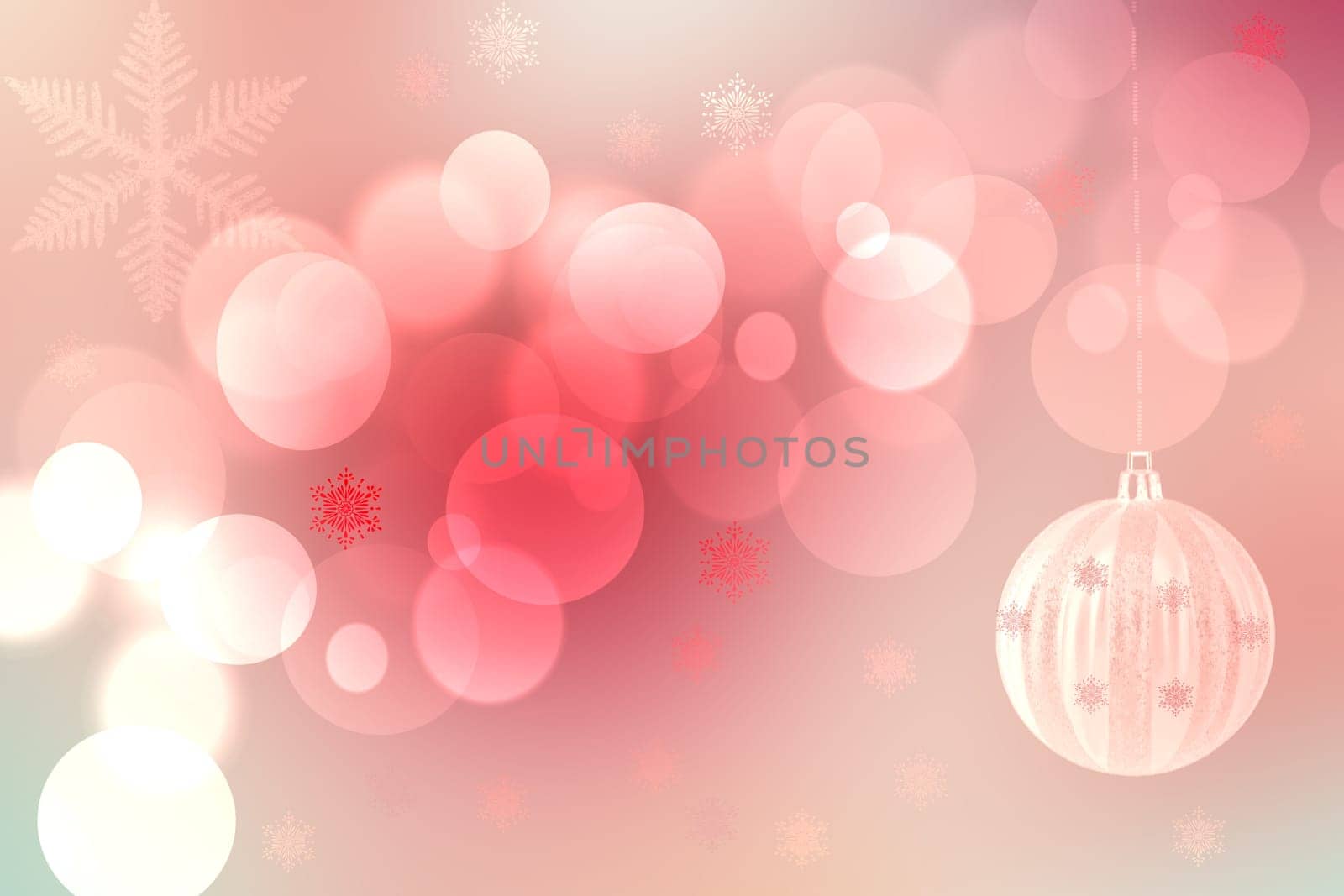 Christmas card template. Abstract festive light pink white pastel winter xmas or New Year background texture with blurred bokeh lights, balls and stars. Beautiful backdrop.