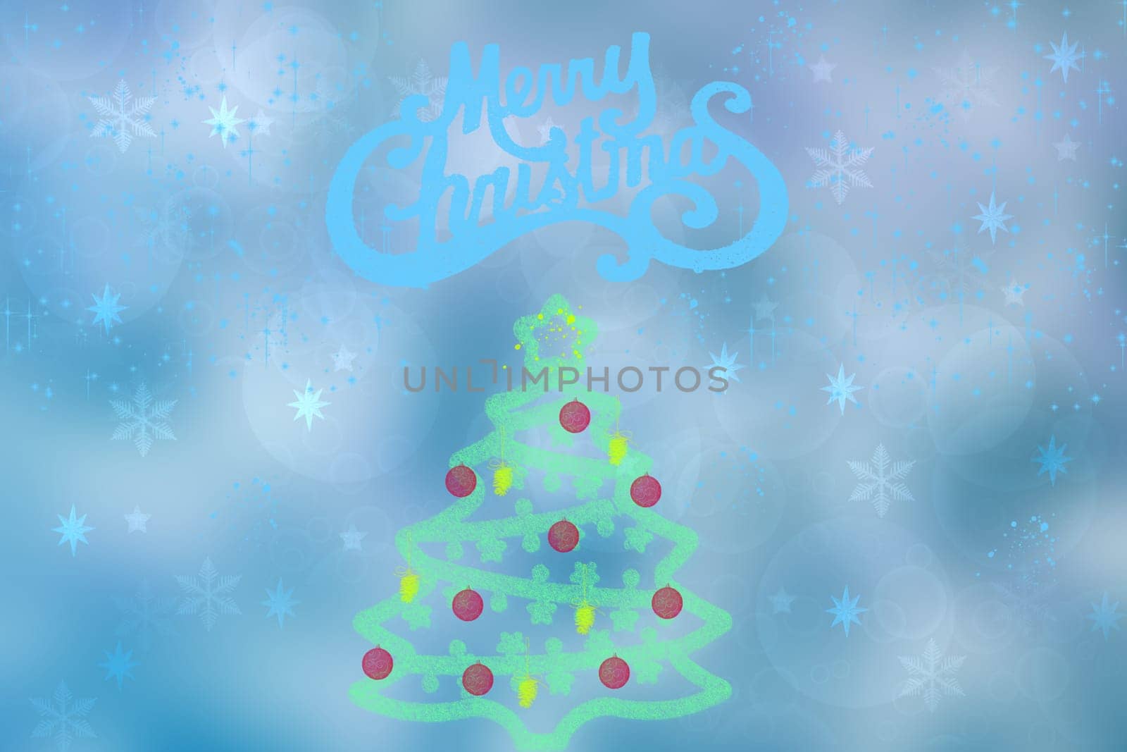Abstract festive elegant blue glittering greeting card with xmas stars, balls and a christmas tree and with a Merry Christmas text. Beautiful backdrop with space.