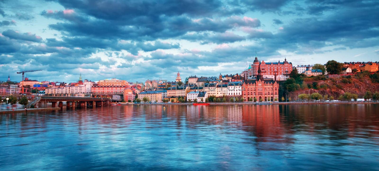 view at Stockholm at night in summer. Sunset with beautiful buildings in the capital of Sweden