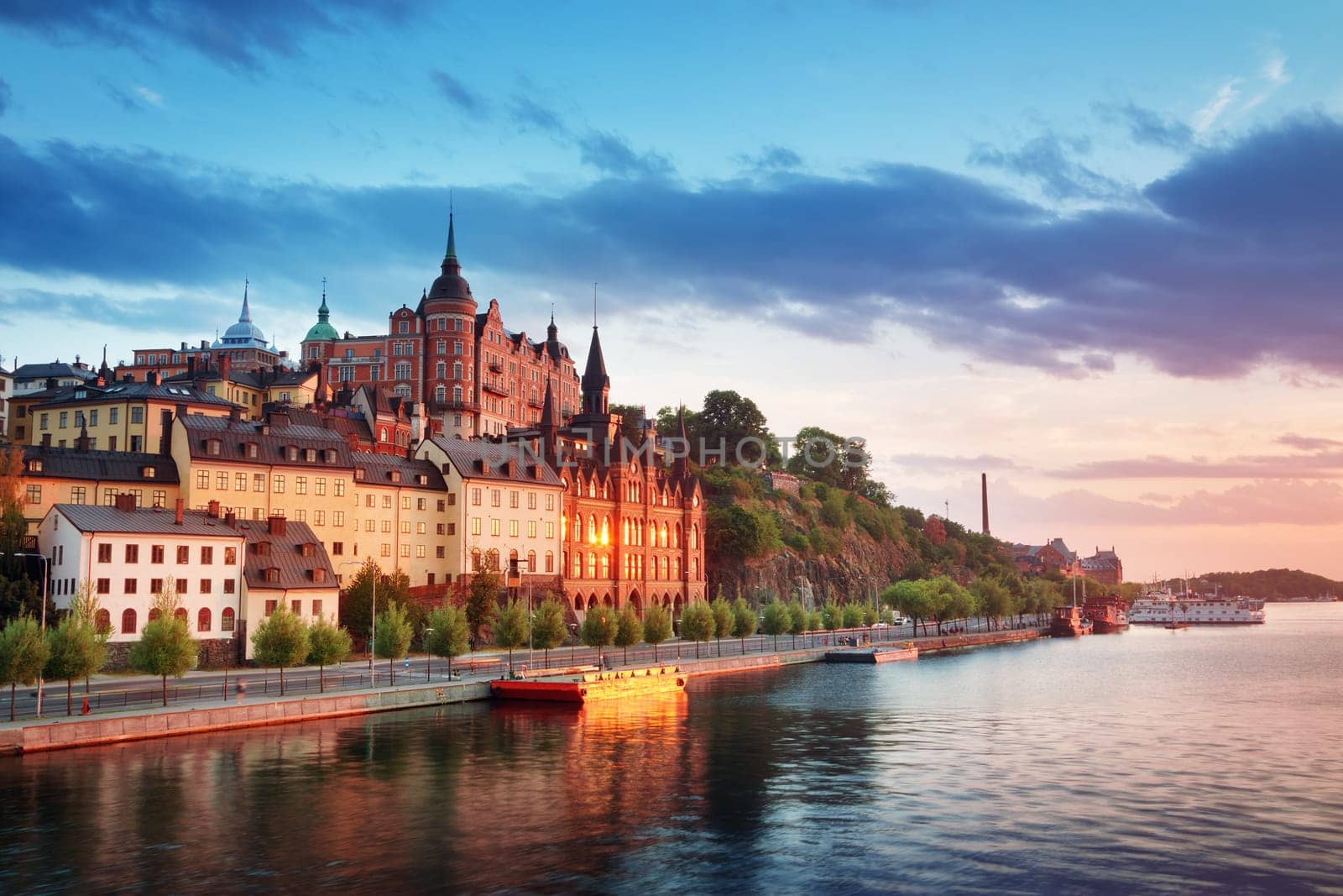 view at Stockholm at night in summer. Sunset with beautiful buildings in the capital of Sweden