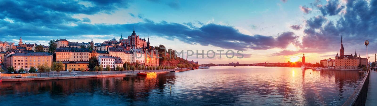 view at Stockholm at night in summer. Sunset with beautiful buildings in the capital of Sweden