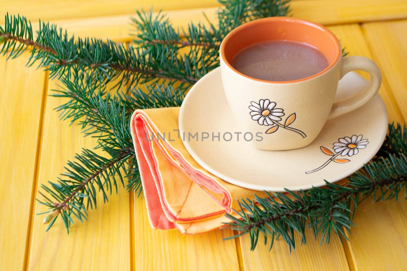 coffee hot cocoa cup or hot chocolate twigs spruce on the table new year mood