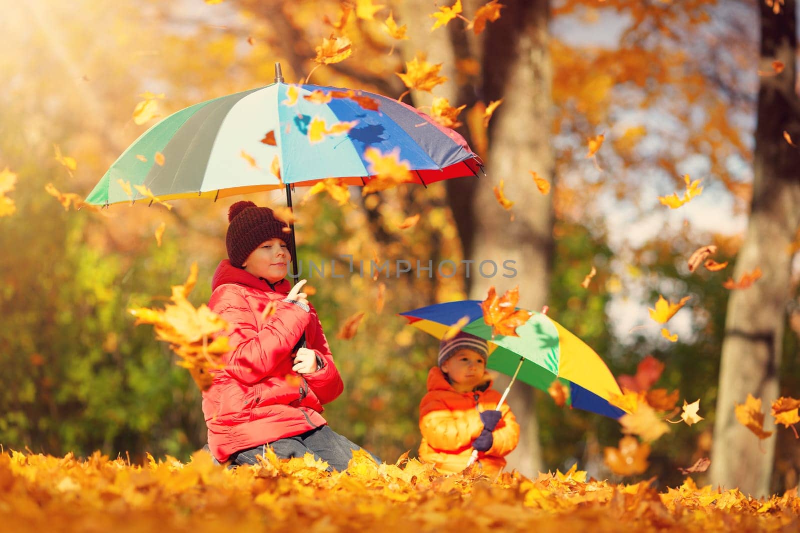 children with umbrellas in beautiful autumnal day. Boys playing outdoors in the park
