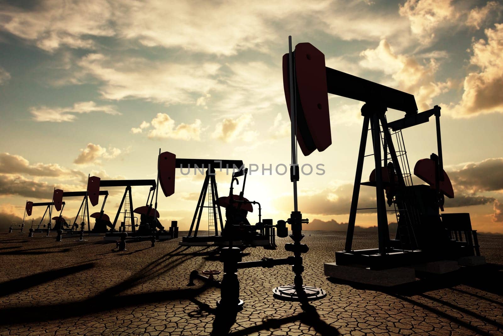 Very high resolution 3d rendering of oil pumps on the sunset sky