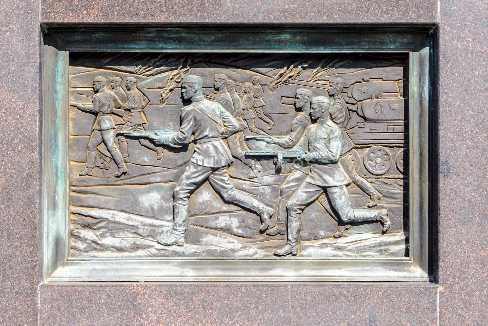 Anapa, Russia - 17 September 2020: A bas-relief with the events of the Great Patriotic War on the "City of Military Glory"" stele in Anapa"