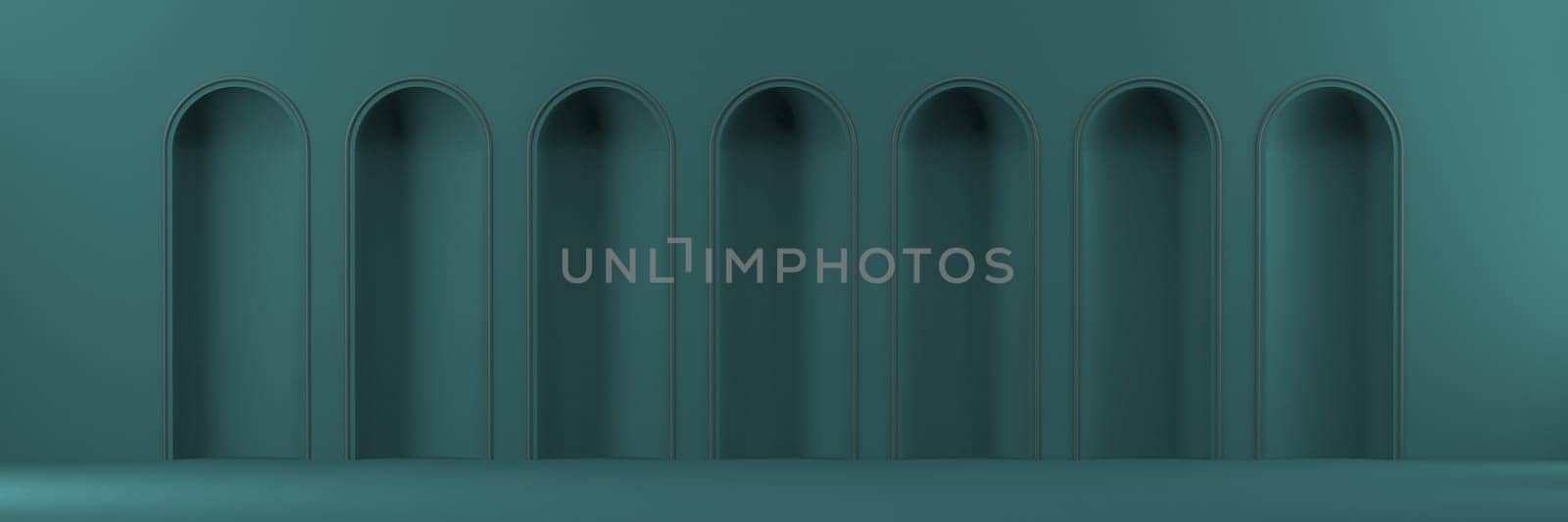 Mock up podium for product presentation seven niches 3D render illustration on green background