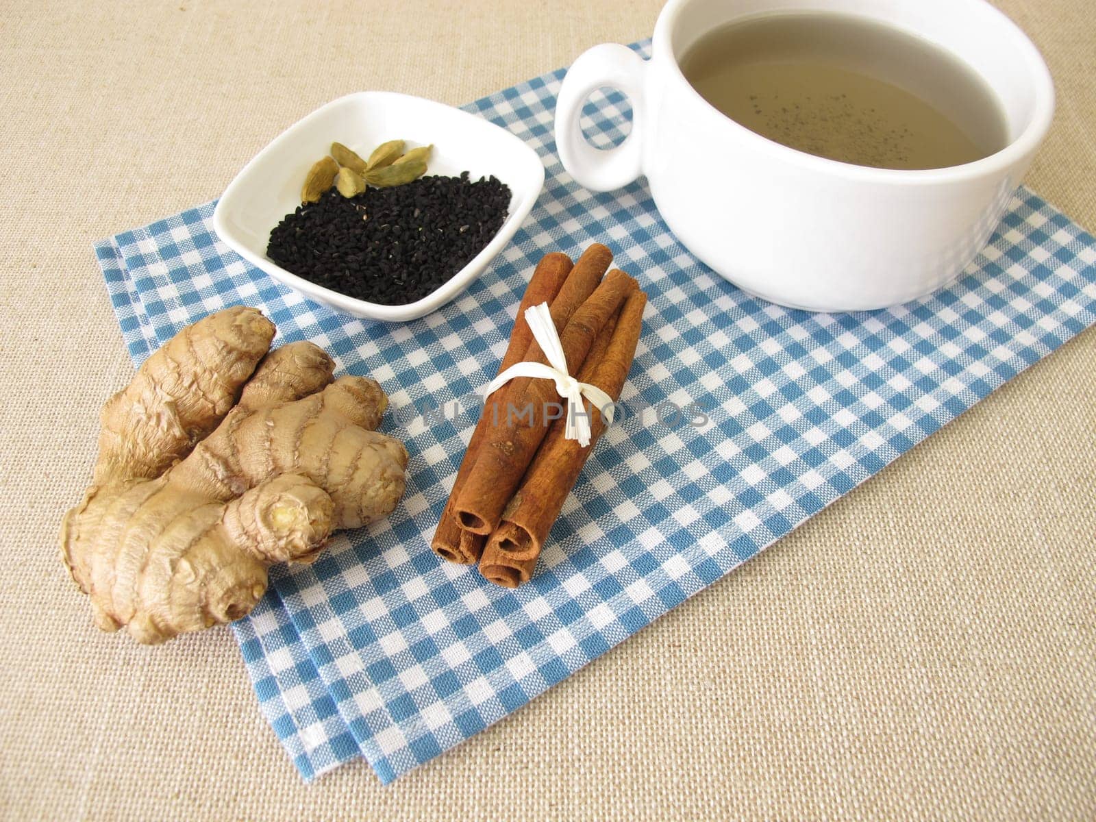 Spice tea, chai with black cumin seeds, ginger, cinnamon and cardamom