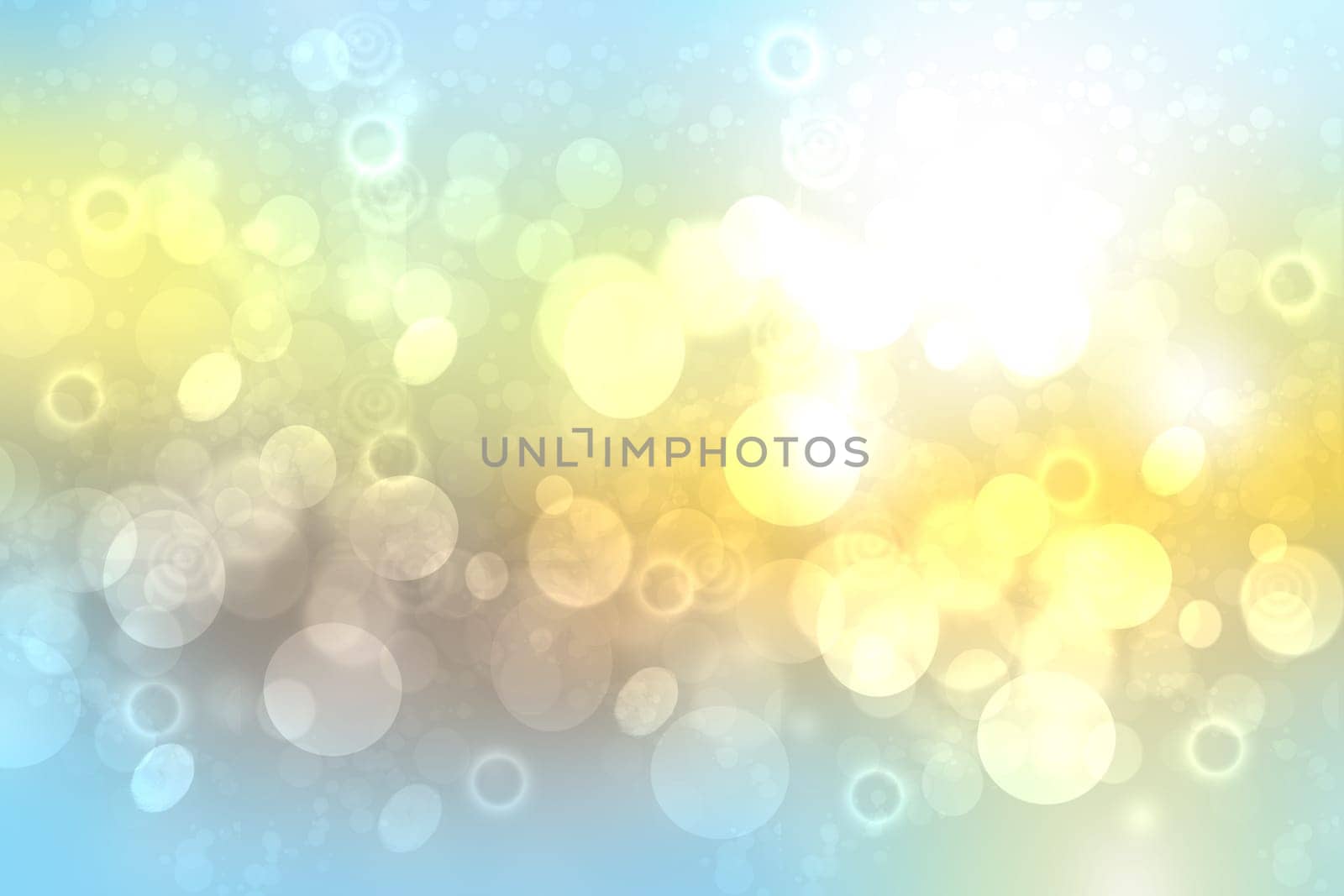 Abstract gradient of light blue yellow pastel background texture with glowing circular bokeh lights. Beautiful colorful spring or summer backdrop.