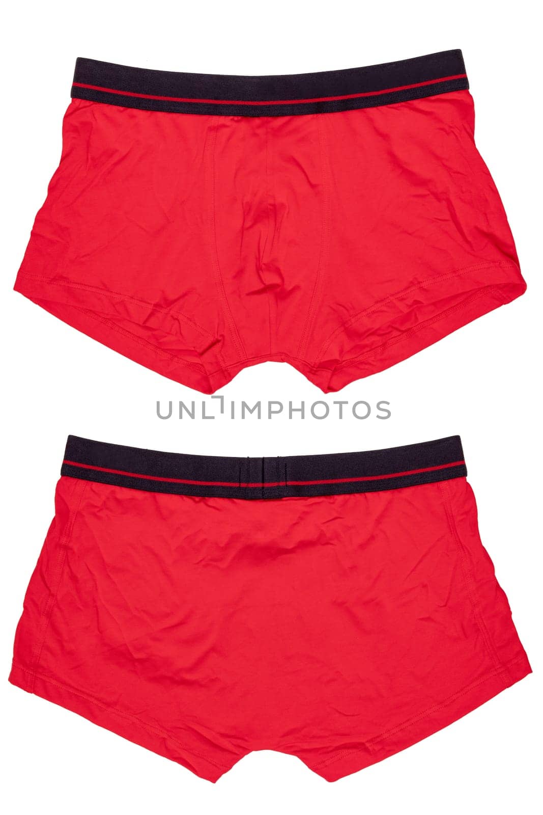 Male underwear isolated. Close-up of red boxer short isolated on a white background. Mens underwear fashion. Front and Back view.