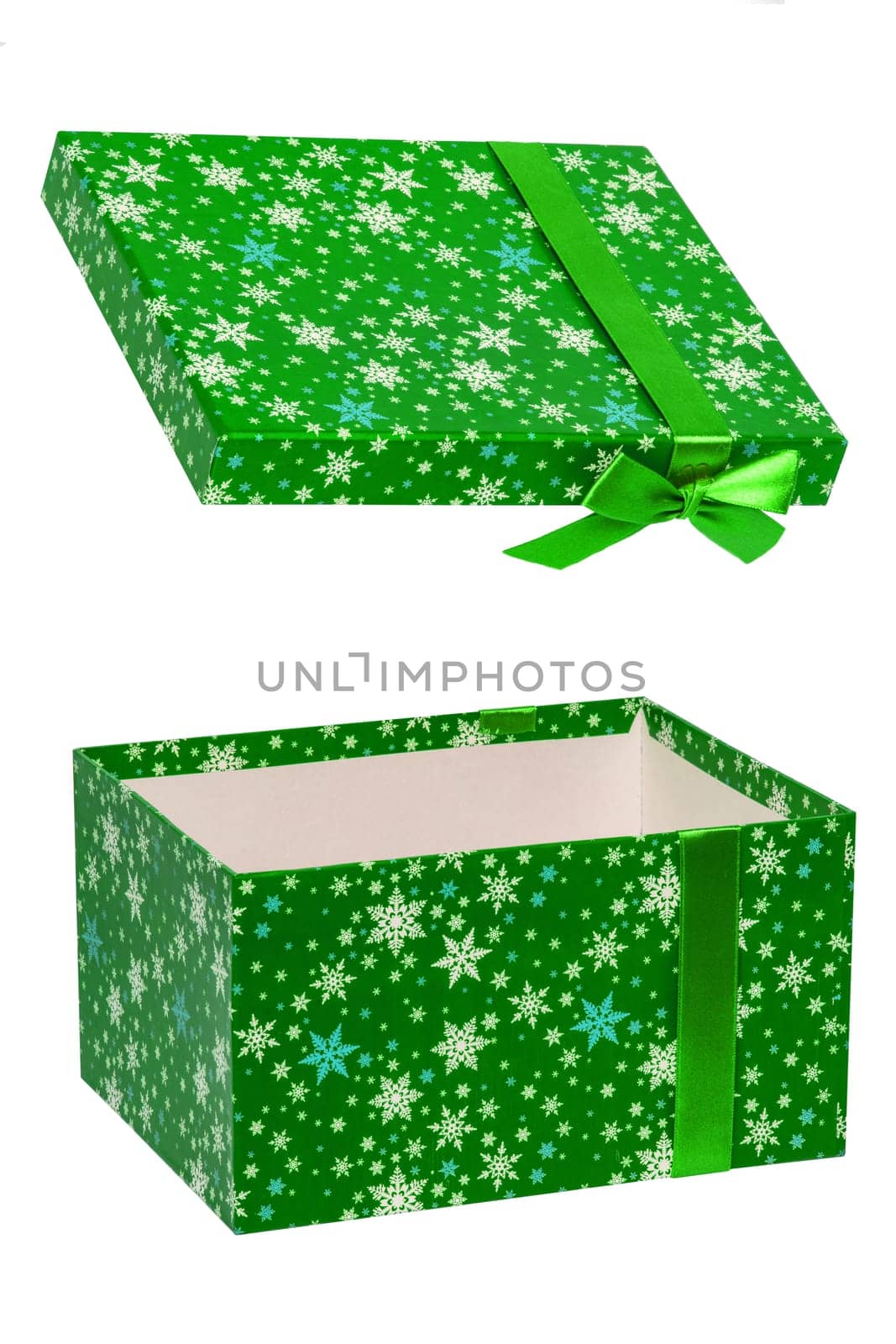 Gift box isolated. Close-up of a green present or gift box with ribbon bow isolated on a white background. Birthday, valentine, anniversary or other holidays. Macro photograph.
