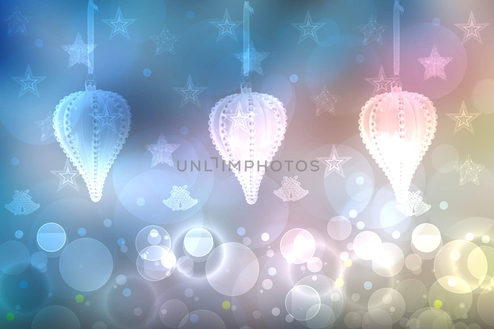 Christmas card template. Abstract festive natural light blue white winter christmas background texture with pastel bokeh lighted xmas baubles and stars. Beautiful card design. Space.