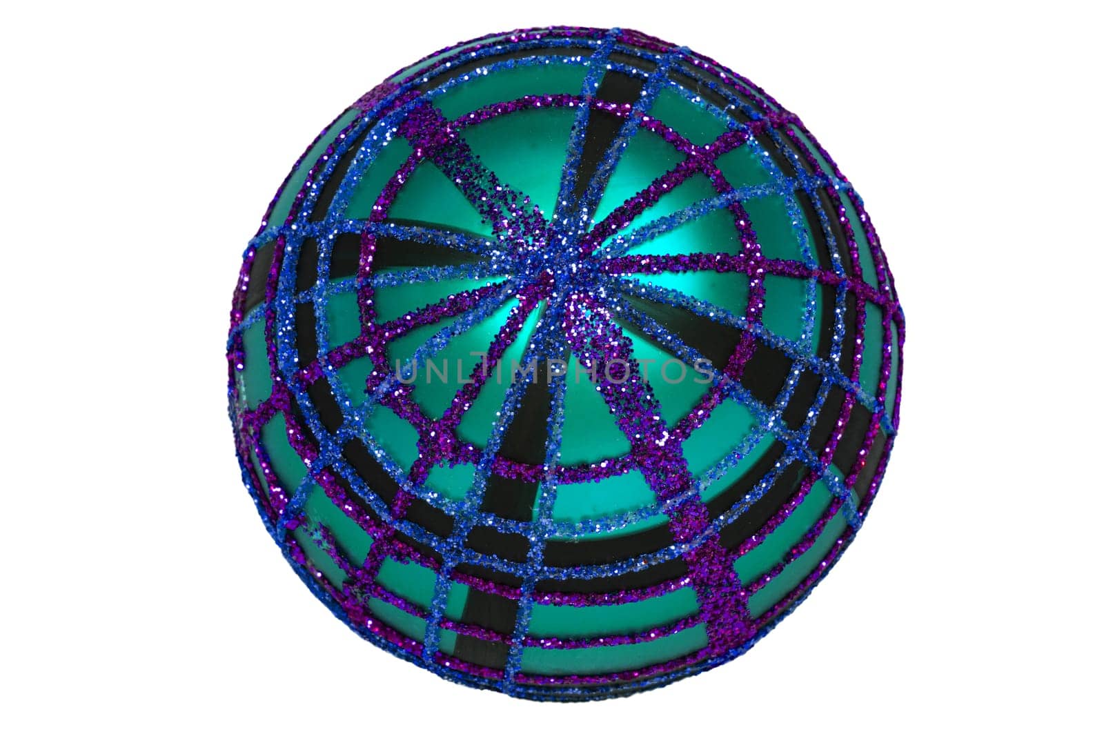 Christmas decoration isolated. Closeup of a decorative blue turquoise glittering christmas bauble or ball isolated on a white background. Macro.