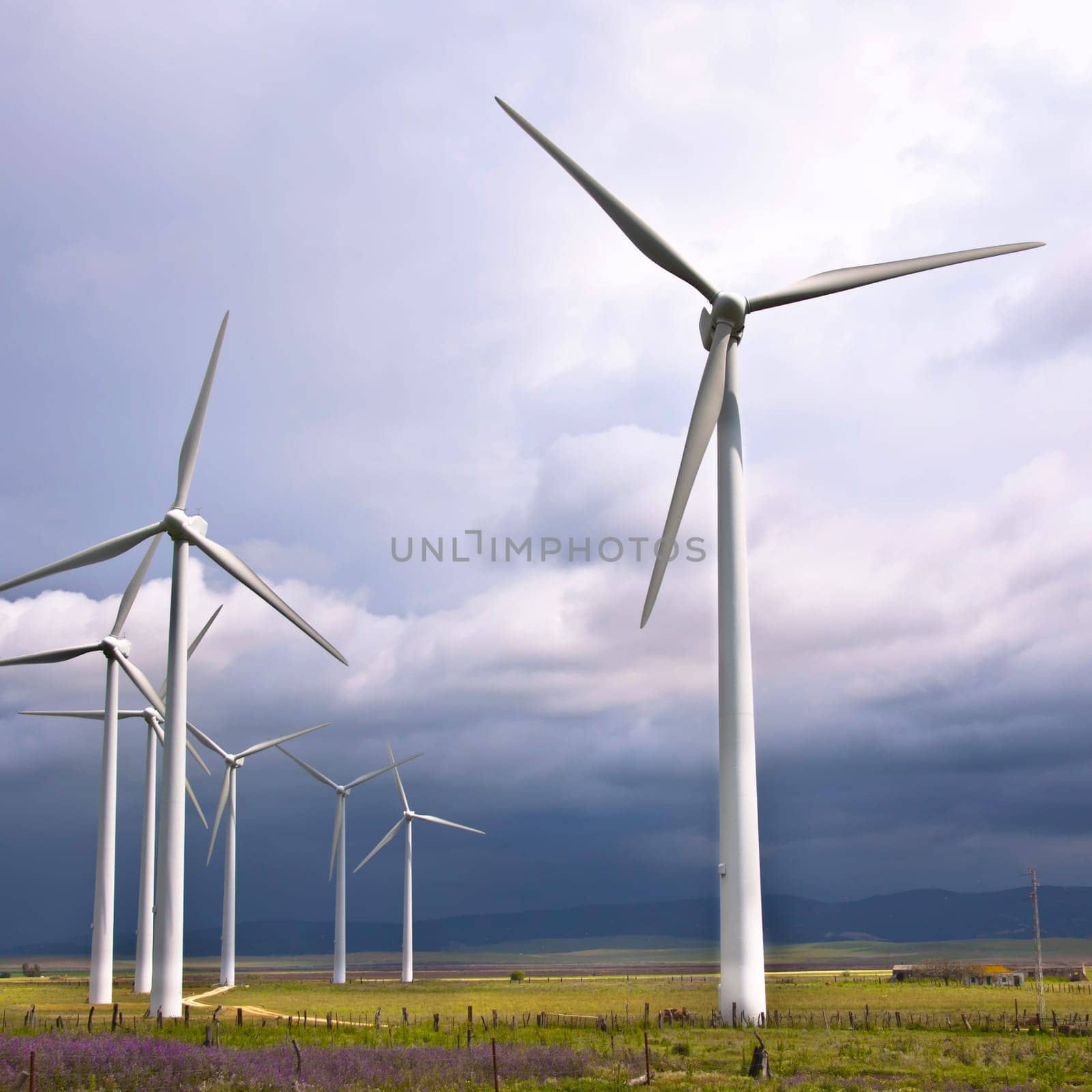Wind turbines generating electricity in a stormy weather.