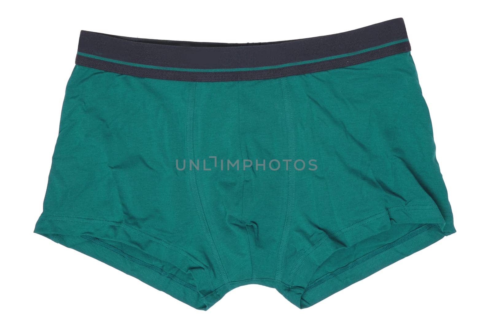 Male underwear isolated. Close-up of turquoise boxer short isolated on a white background. Mens underwear fashion.