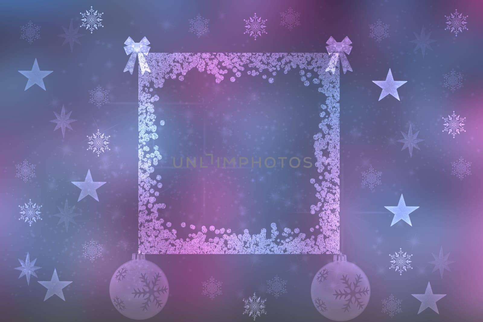 Abstract festive elegant blue pink greeting card template with christmas stars, balls and a empty frame. Space for your design.