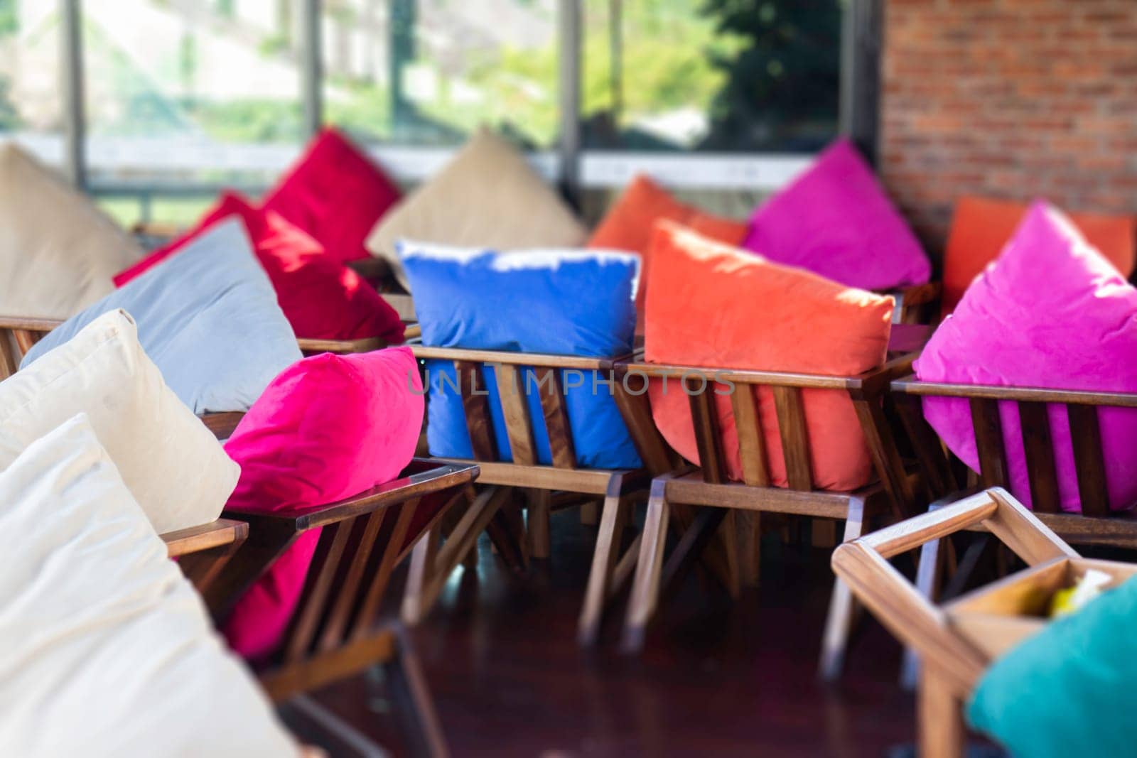 Exterior resort garden with wooden material, stock photo