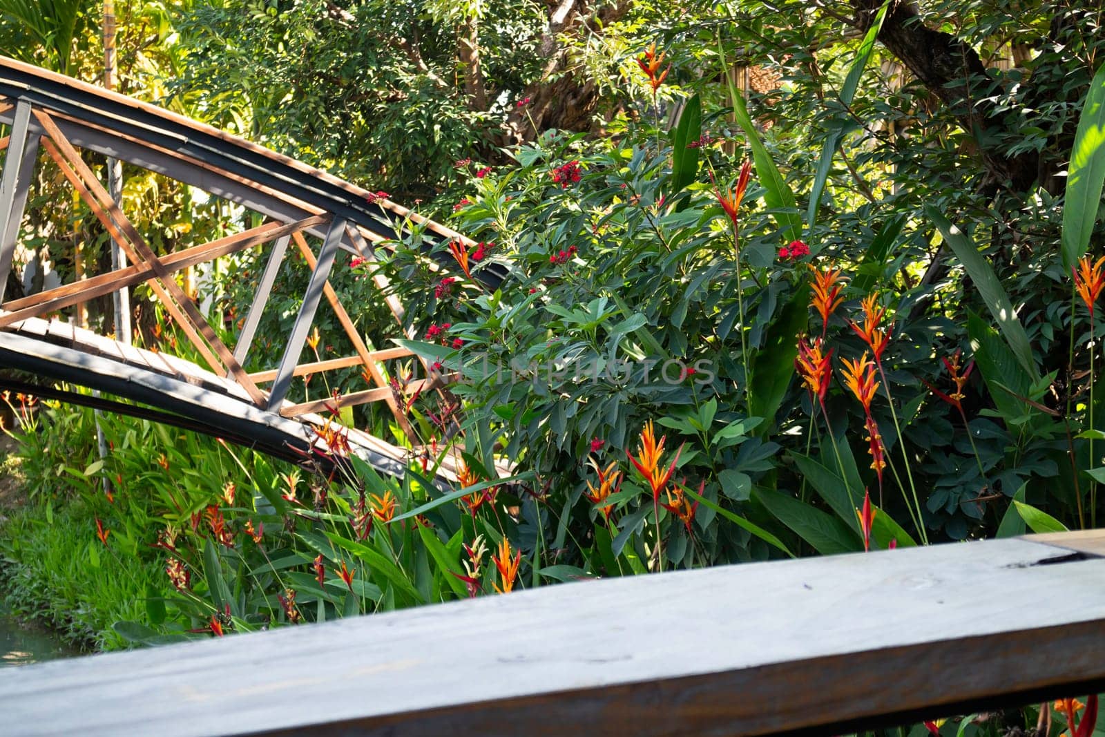 Exterior resort garden with wooden material, stock photo