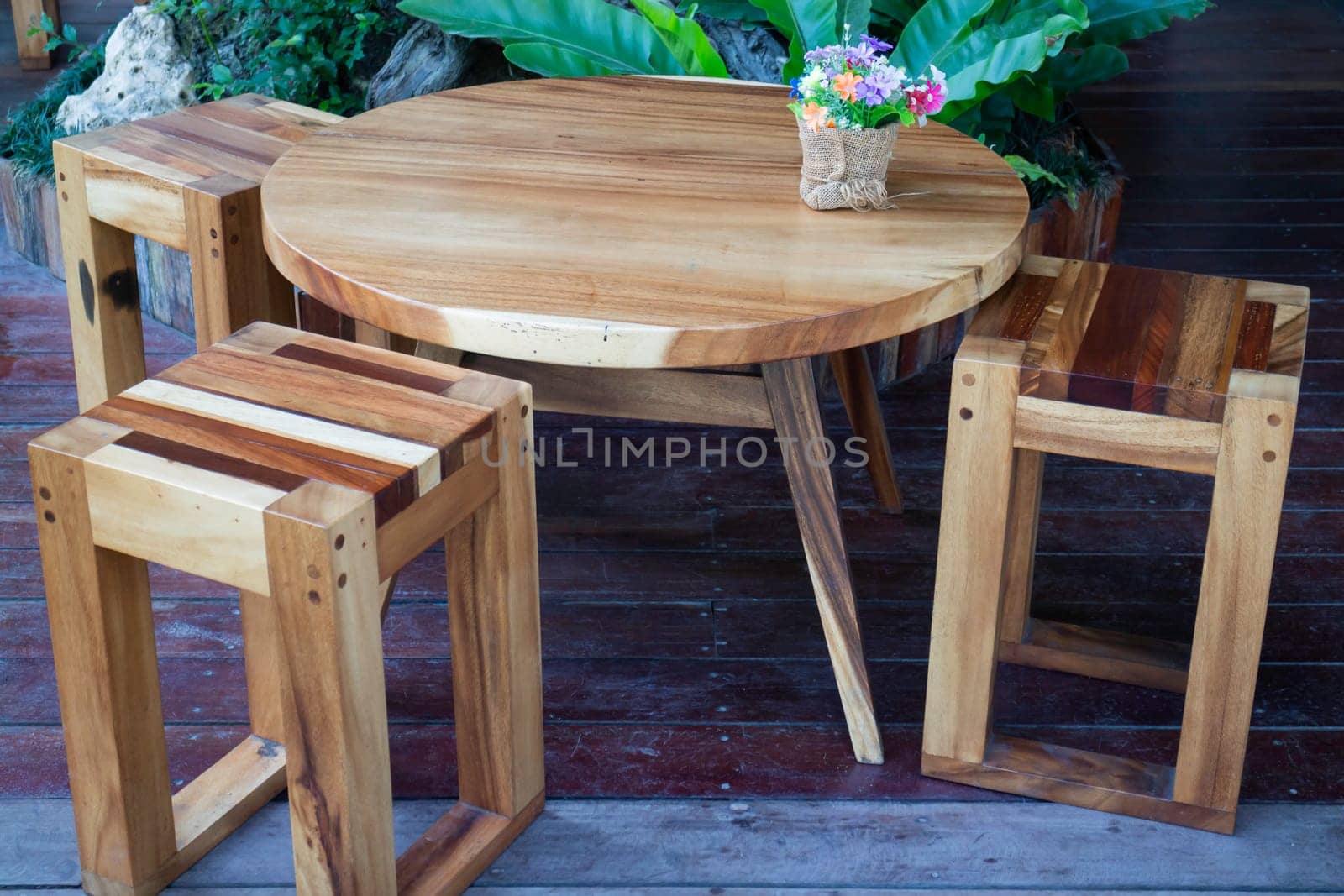 Exterior resort garden with wooden material, stock photo