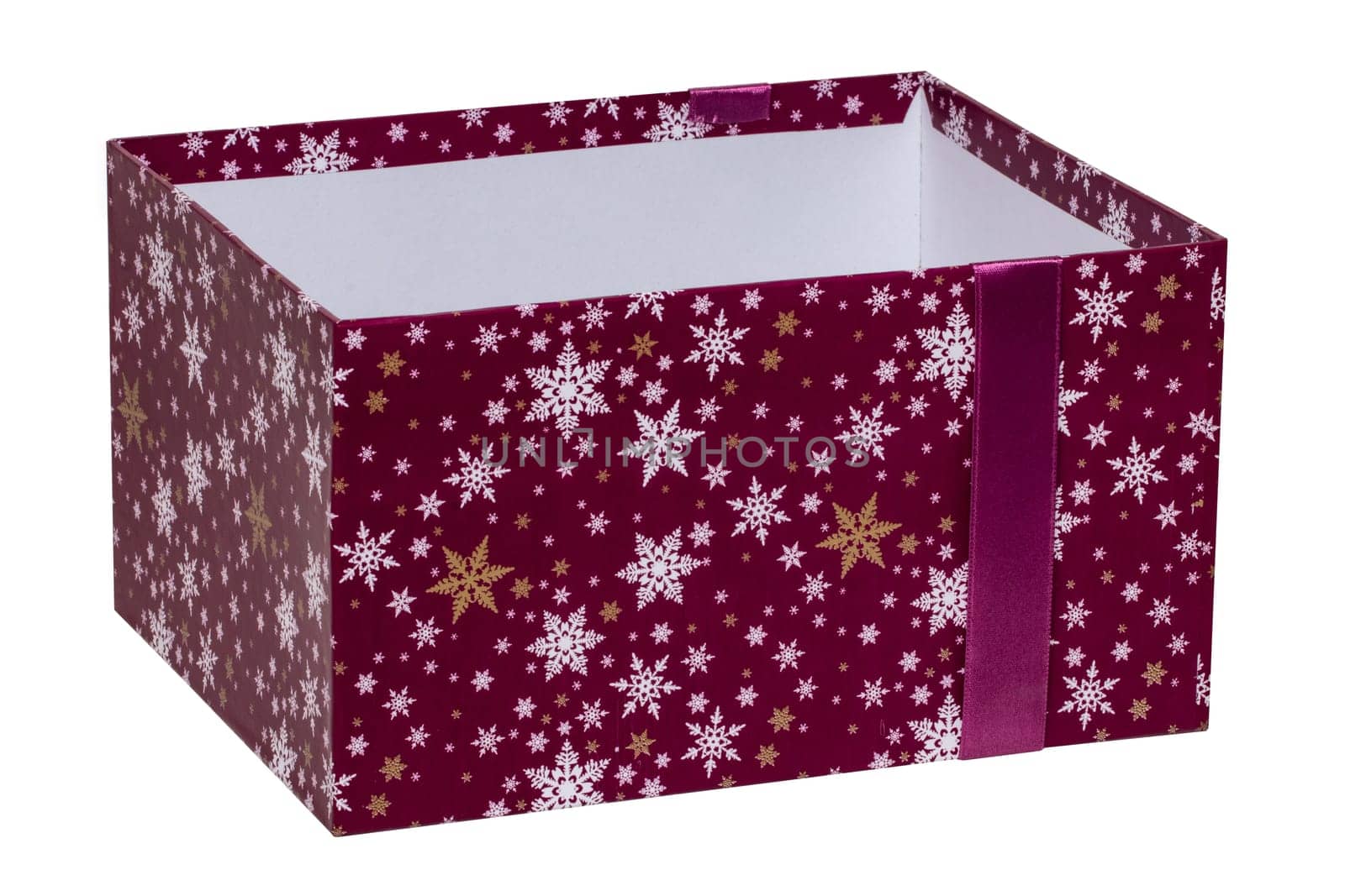 Gift box isolated. Close-up of a opened pink present or gift box with ribbon bow isolated on a white background. Birthday, valentine, anniversary or other holidays. Macro photograph.
