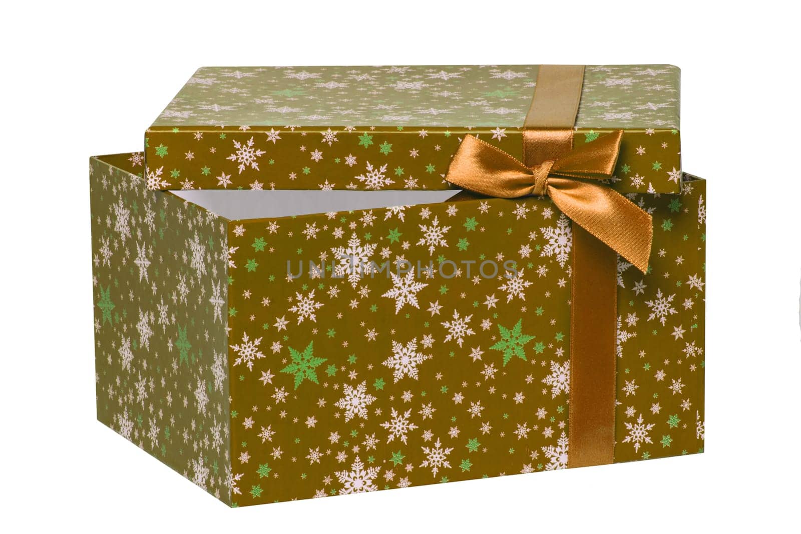 Gift box isolated. Close-up of a olive green opened present or gift box on a white background. Birthday, valentine, anniversary or other holidays. Macro photograph.