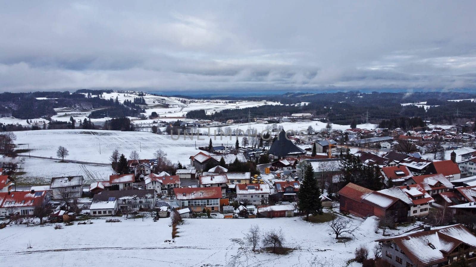 A small town in wintry Bavaria taken with a drone