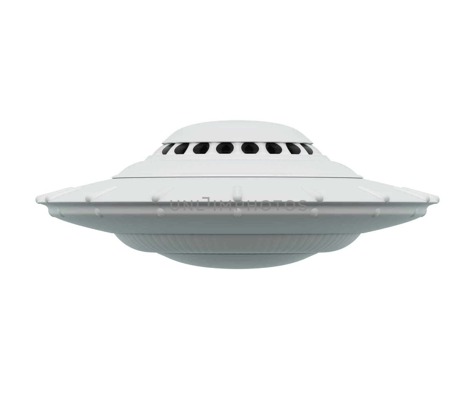 Unidentified Flying Object over white background. UFO with clipping path included. 3D illustration.