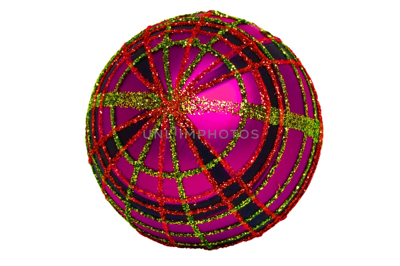 Christmas decoration isolated. Closeup of a decorative pink green glittering christmas bauble or ball isolated on a white background. Macro.