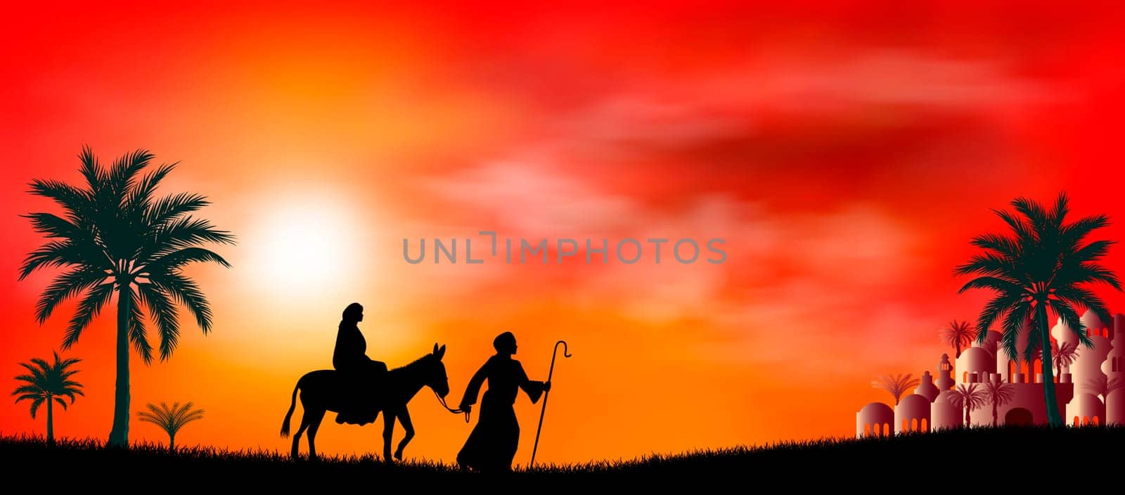 Virgin Mary and Joseph at sunset. Their journey. Desert, sun, city of Bethlehem. Biblical scene on the eve of the birth of Jesus. Christmas.