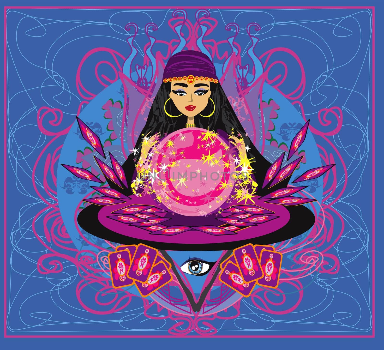 beautiful woman foretells the future from a glass ball and cards