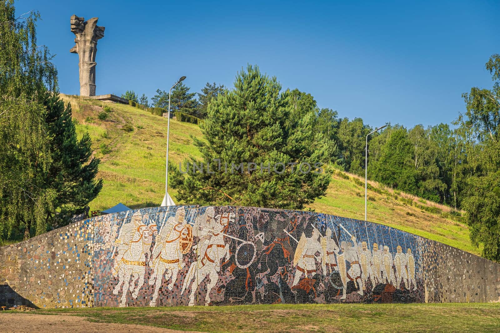 Cedynia, Poland, June 2019 An eagle statue and a mosaic on a Czcibor Mountain unveiled in 1972 for a thousand anniversary of Battle of Cedynia where Poland defeated forces of Germany
