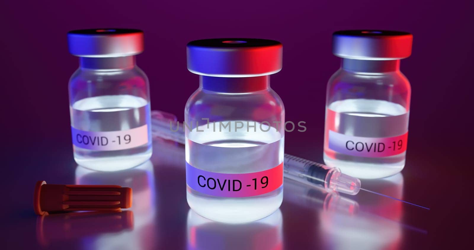 Concept of danger and fear from vaccine against coronavirus 3d render. Three flasks and needle illuminated by red and blue light in laboratory. Prevention from covid-19 disease.