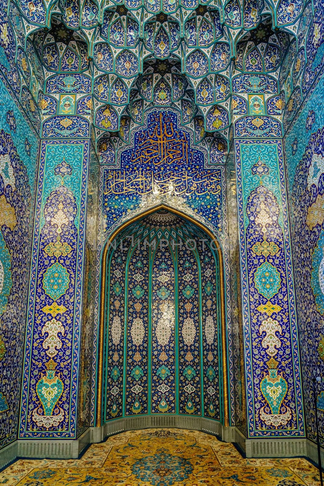Muscat, Oman, December 3, 2016: The mihrab in the main prayer hall at the Sultan Qaboos Grand Mosque