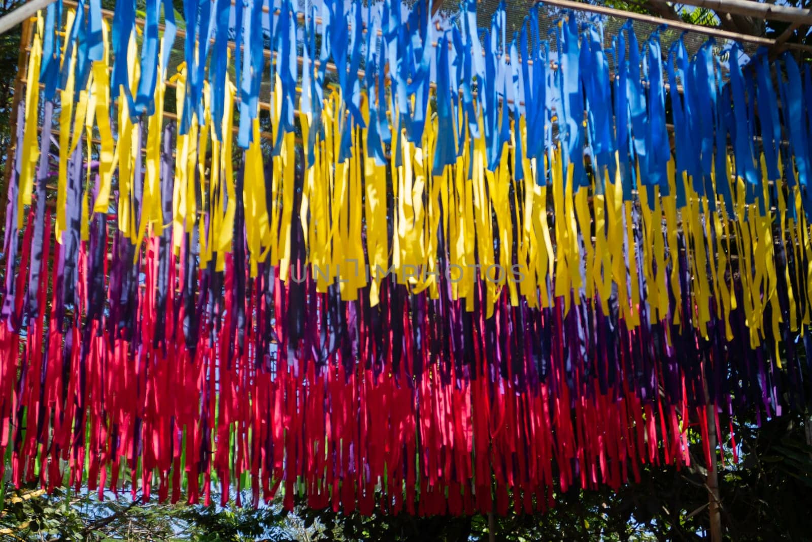 Hanging colorful fabric decorated in the garden, stock photo