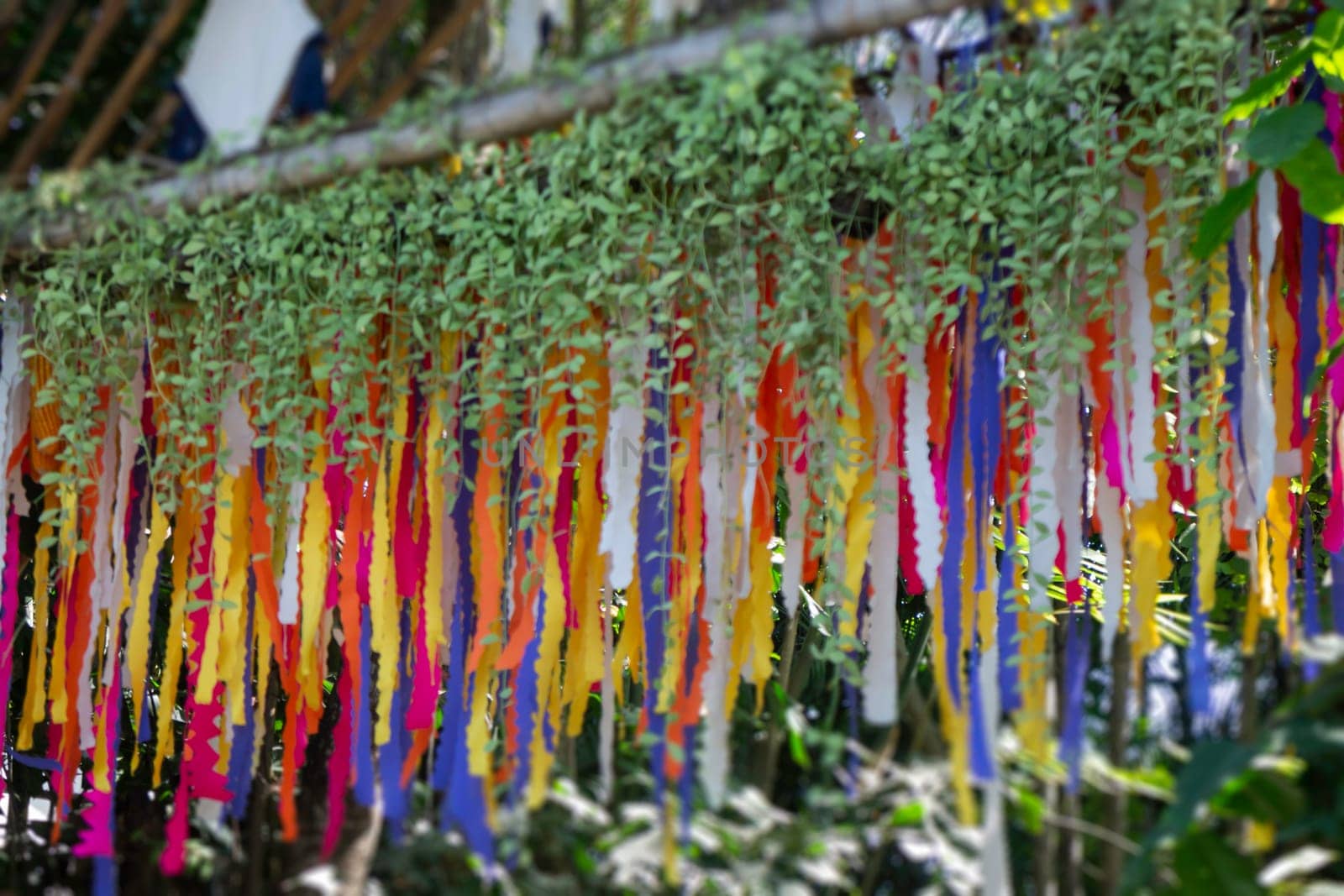 Hanging colorful fabric decorated in the garden, stock photo