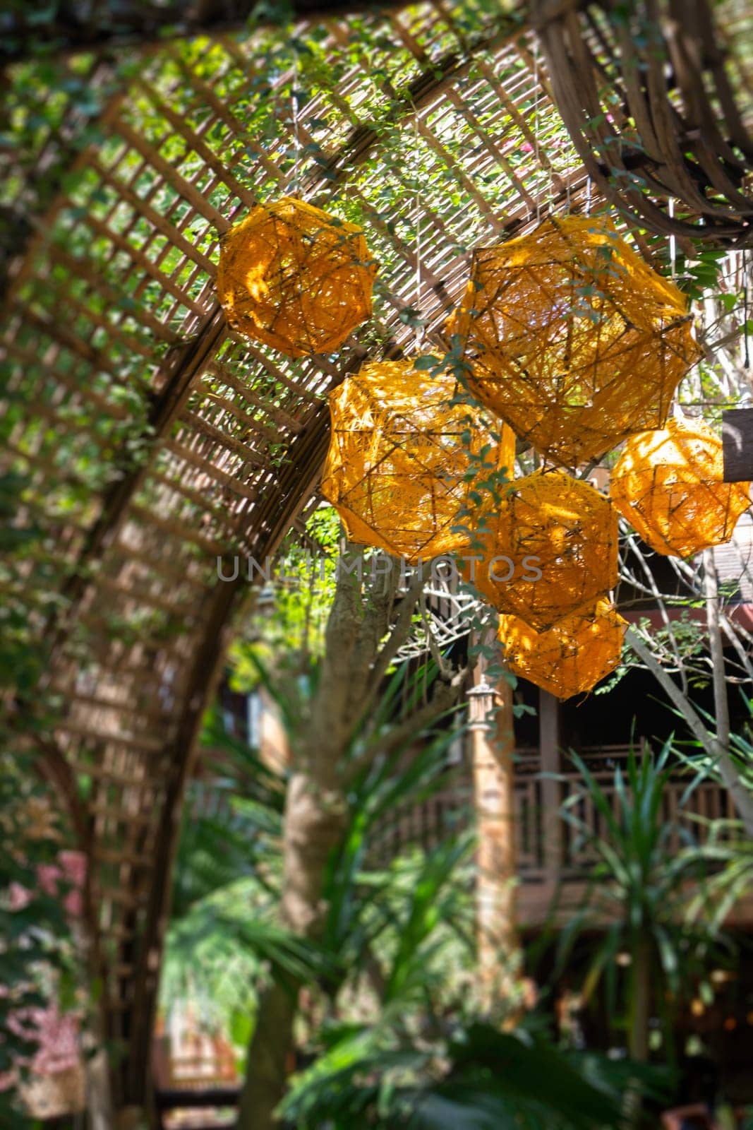 Local market tent decorated in Northern Thai style, stock photo